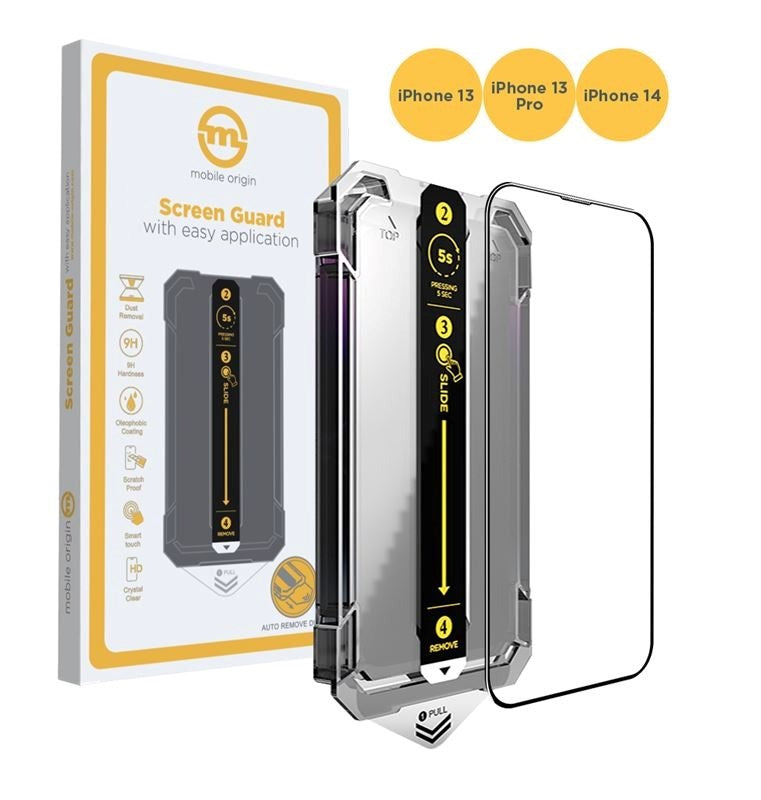 Mobile Origin Skærmbeskyttelsesglas m. Applikator - iPhone 16e / 14 / 13 / 13 Pro - Gennemsigtig / Sort Kant
