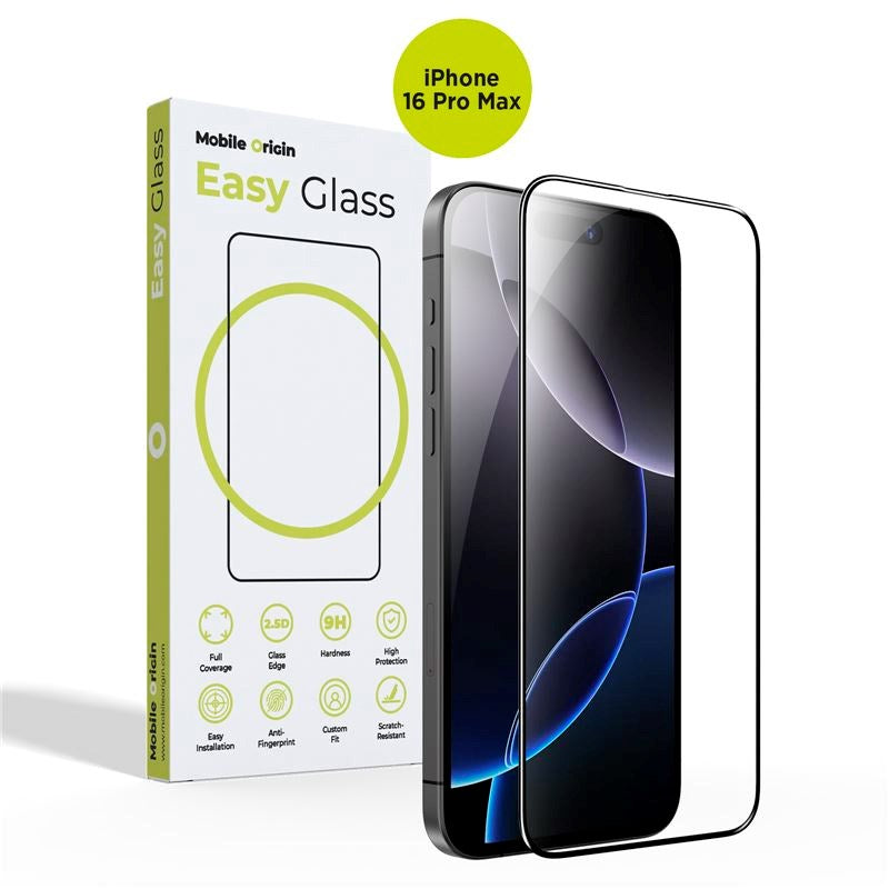 iPhone 16 Pro Max Mobile Origin EasyGlass Skærmbeskyttelsesglas - Gennemsigtig / Sort Kant