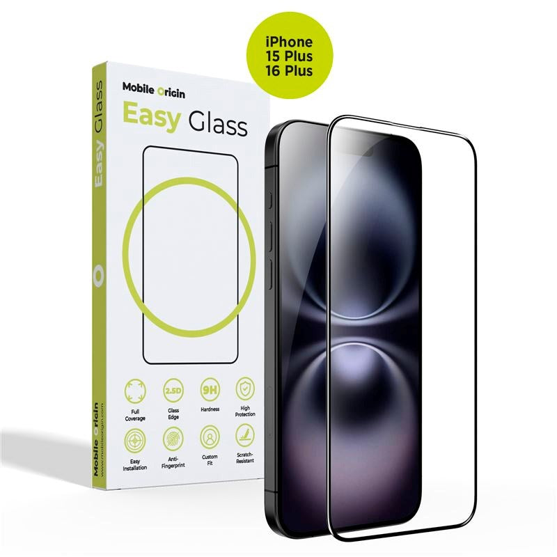 iPhone 15 Plus / 16 Plus Mobile Origin EasyGlass Skærmbeskyttelse - Gennemsigtig / Sort Kant