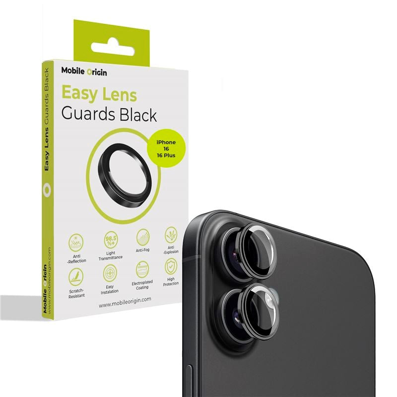 iPhone 16 / 16 Plus Mobile Origin Easy Lens Guard - Kameralinsebeskytter - Sort