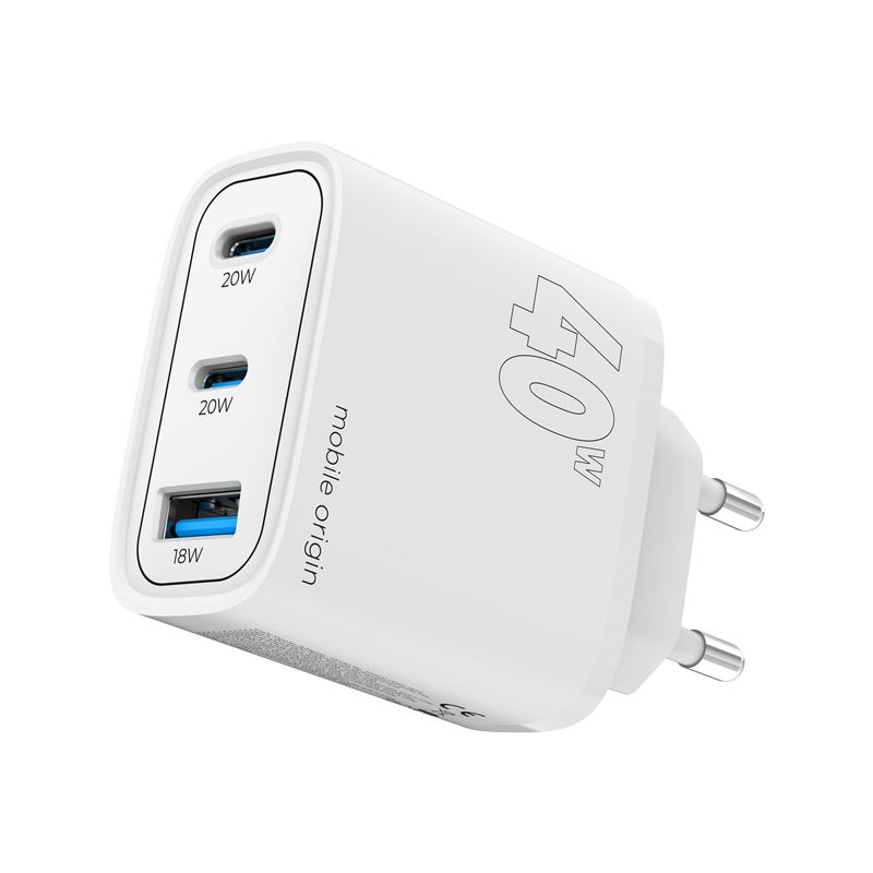 Mobile Origin GaN 40W Vægoplader USB-A + 2 USB-C - Hvid