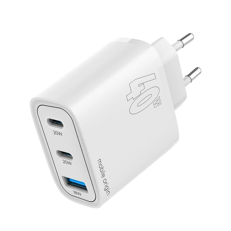 Mobile Origin GaN 40W Vægoplader USB-A + 2 USB-C - Hvid