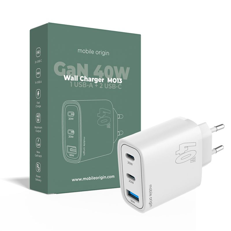 Mobile Origin GaN 40W Vægoplader USB-A + 2 USB-C - Hvid