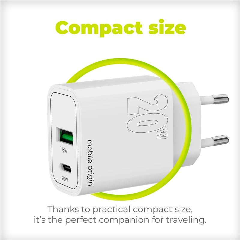 Mobile Origin - MO12 20W Vægoplader m. 1x USB-A & 1x USB-C - Hvid