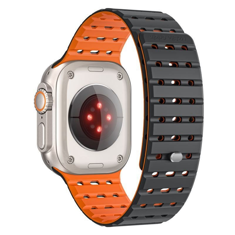 Apple Watch (42/44/SE/45/46/49mm) Mobile Origin Magnetisk Silikoneurrem - Sort / Orange