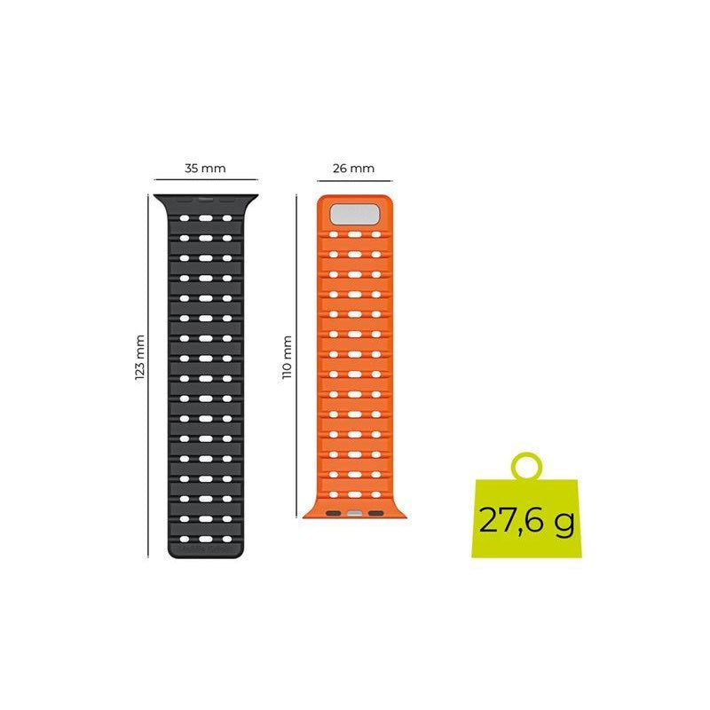 Apple Watch (42/44/SE/45/46/49mm) Mobile Origin Magnetisk Silikoneurrem - Sort / Orange