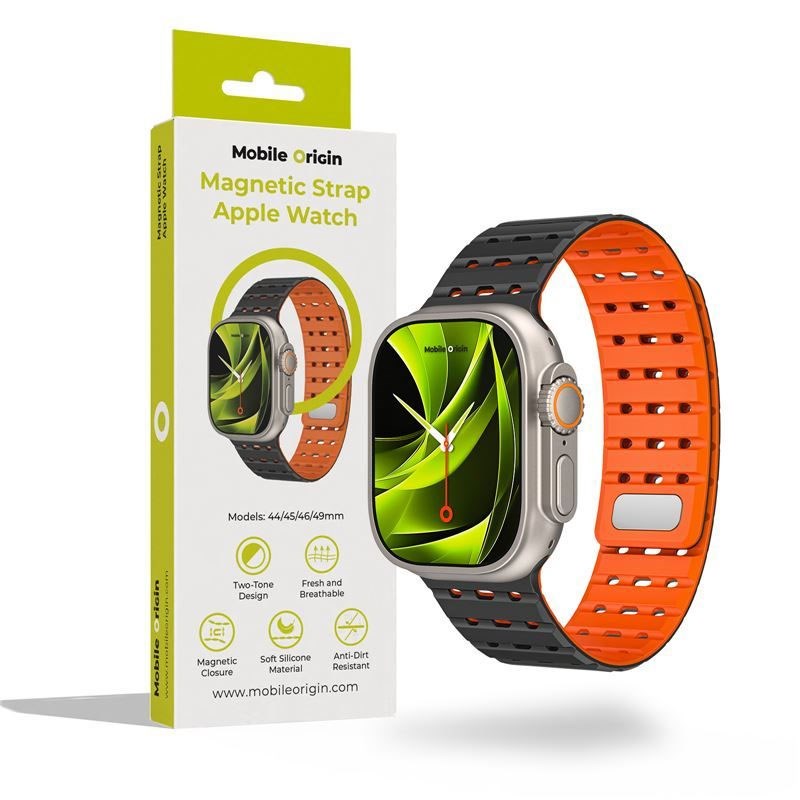Apple Watch (42/44/SE/45/46/49mm) Mobile Origin Magnetisk Silikoneurrem - Sort / Orange