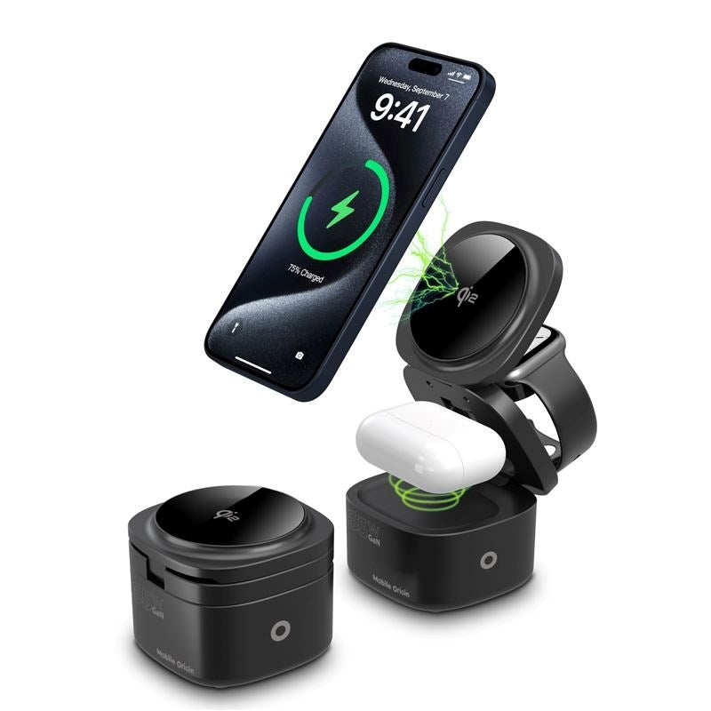 Mobile Origin Foldbar Qi2 Trådløs Oplader- 5-in-1 Ladefunktion - 65W - Sort