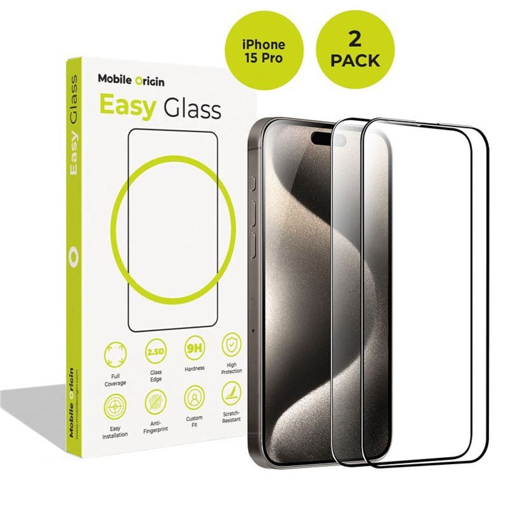 iPhone 15 Pro Mobile Origin EasyGlass Skærmglas - 2 stk - Gennemsigtig / Sort Kant