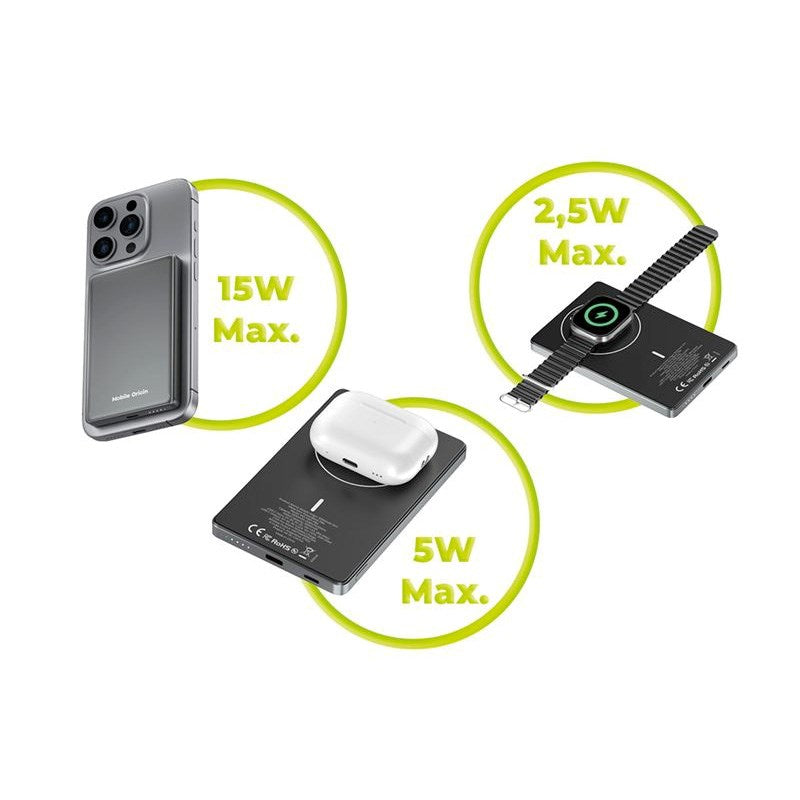 Mobile Origin 3-i-1 Slim Powerbank 5000mAh - m. MagSafe & Hurtig Opladning