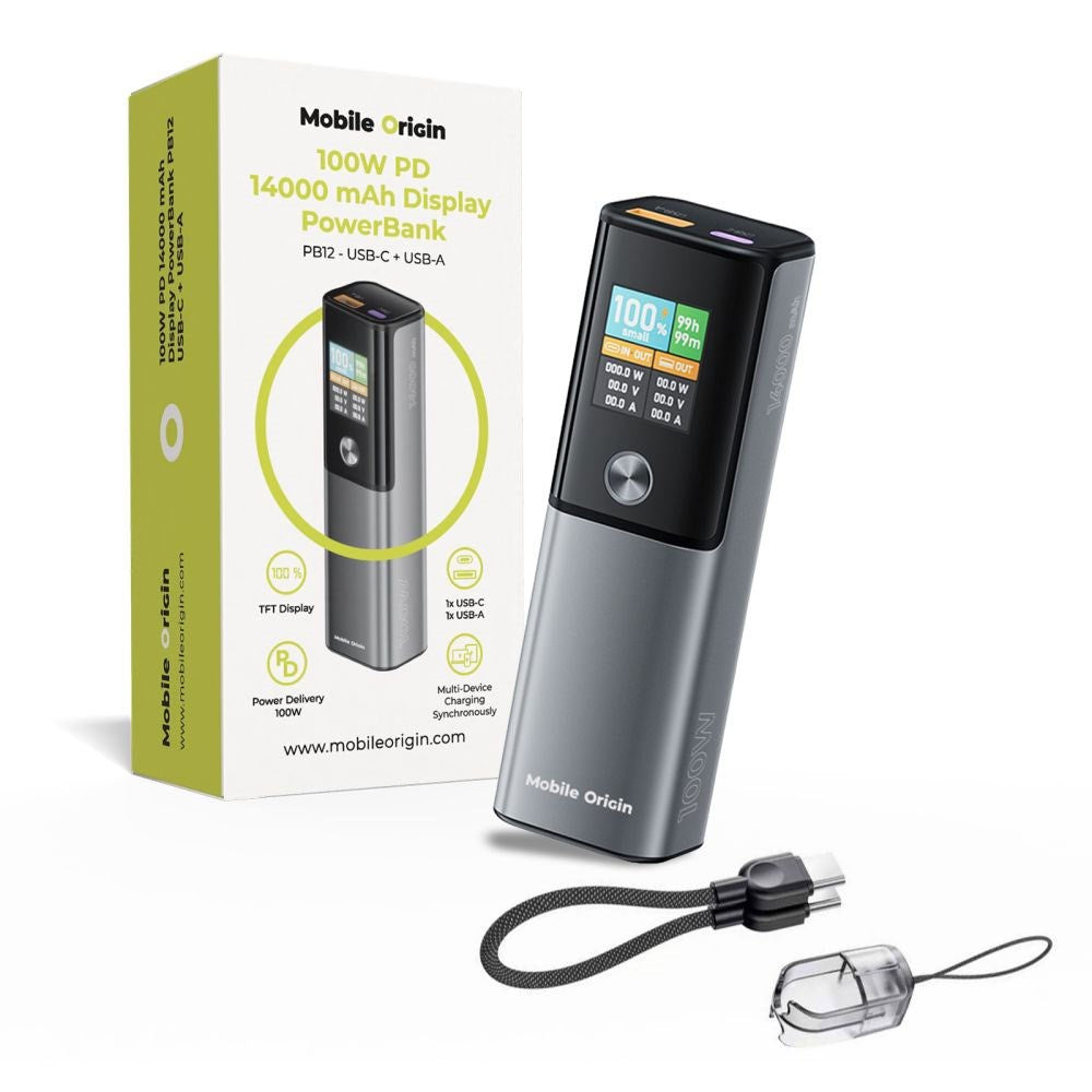 Mobile Origin PowerBank m. Display - 14.000 mAh / 100W - Grå