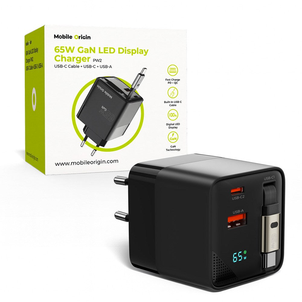 Mobile Origin - Display Vægoplader m. 1 x USB-A / 1 x USB-C / 1 x Udtrækkelig USB-C Kabel - 65W - Sort