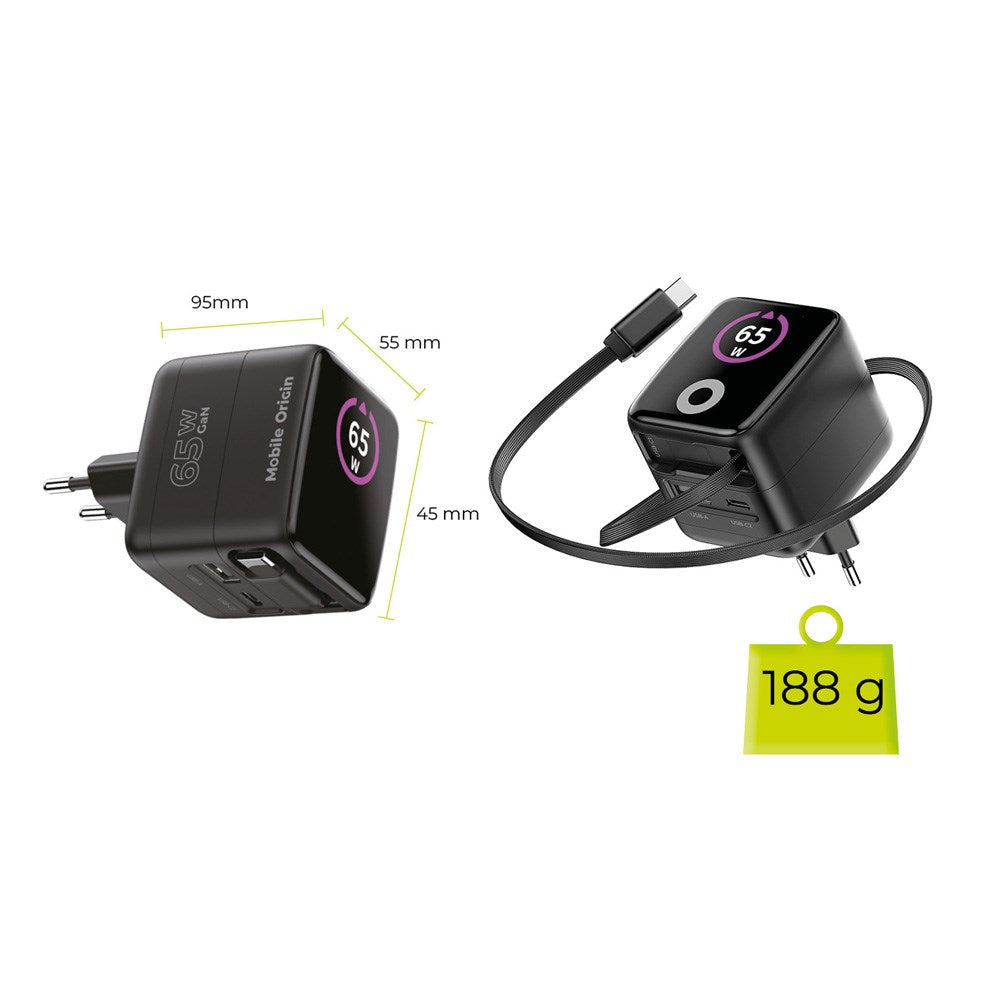 Mobile Origin - 65W - Display Vægoplader m. 1 x USB-A / 1 x USB-C / 1 x Udtrækkelig USB-C Kabel - Sort