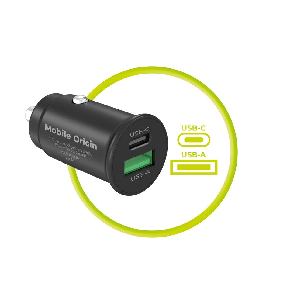 Mobile Origin Biloplader m. 1 x USB-A & 1 x USB-C - 30W - Sort