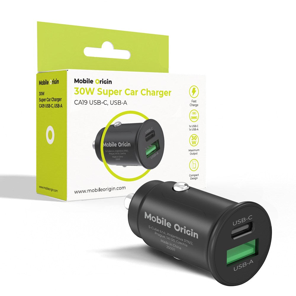 Mobile Origin Biloplader m. 1 x USB-A & 1 x USB-C - 30W - Sort