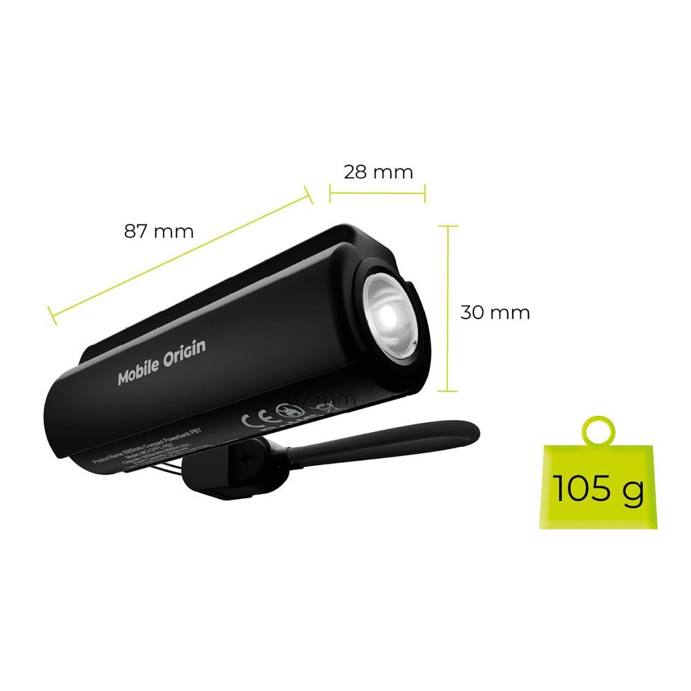 Mobile Origin Kompakt PowerBank - Lommelygte & USB-C Kabel - 5000 mAh - Sort