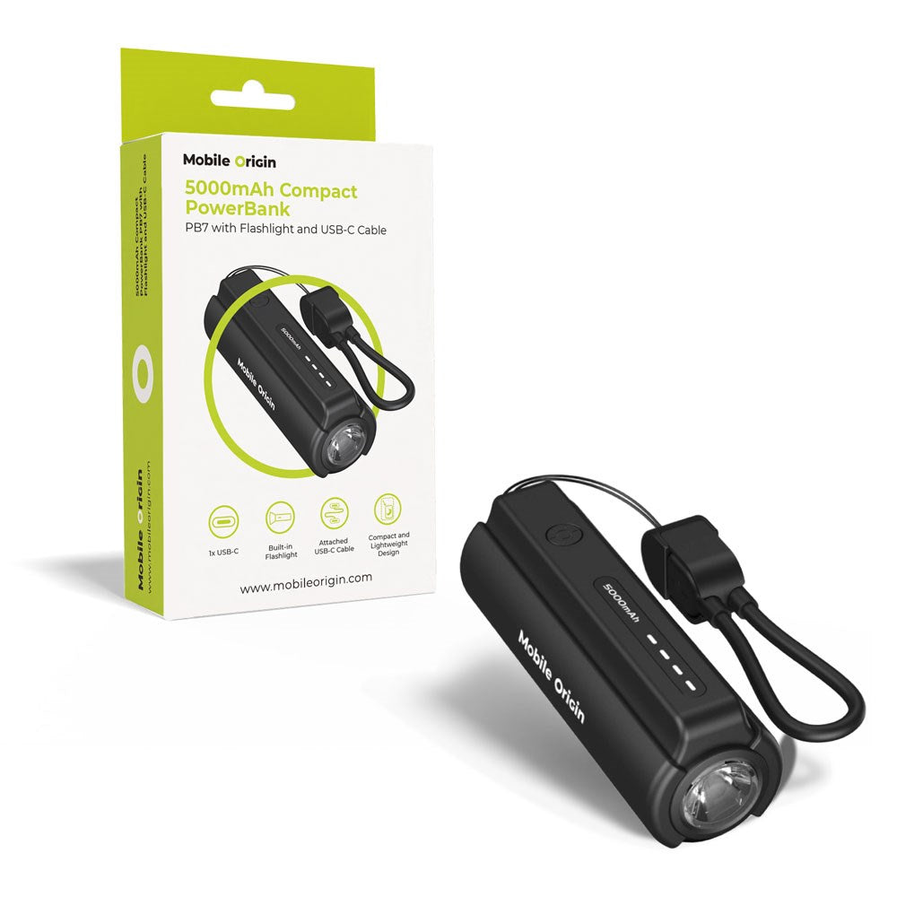Mobile Origin Kompakt PowerBank - Lommelygte & USB-C Kabel - 5000 mAh - Sort