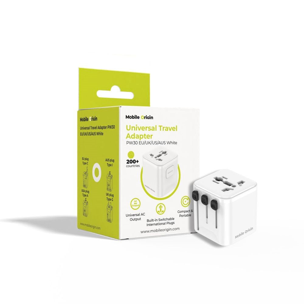 Mobile Origin 30W Universal Vægoplader m. Rejseadapter EU/UK/US/AUS - Hvid