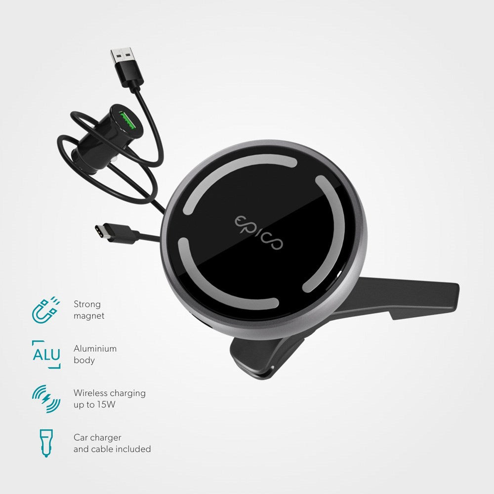 Epico Magnetisk Biloplader m. 15W Trådløs Opladning - MagSafe Kompatibel - Sort