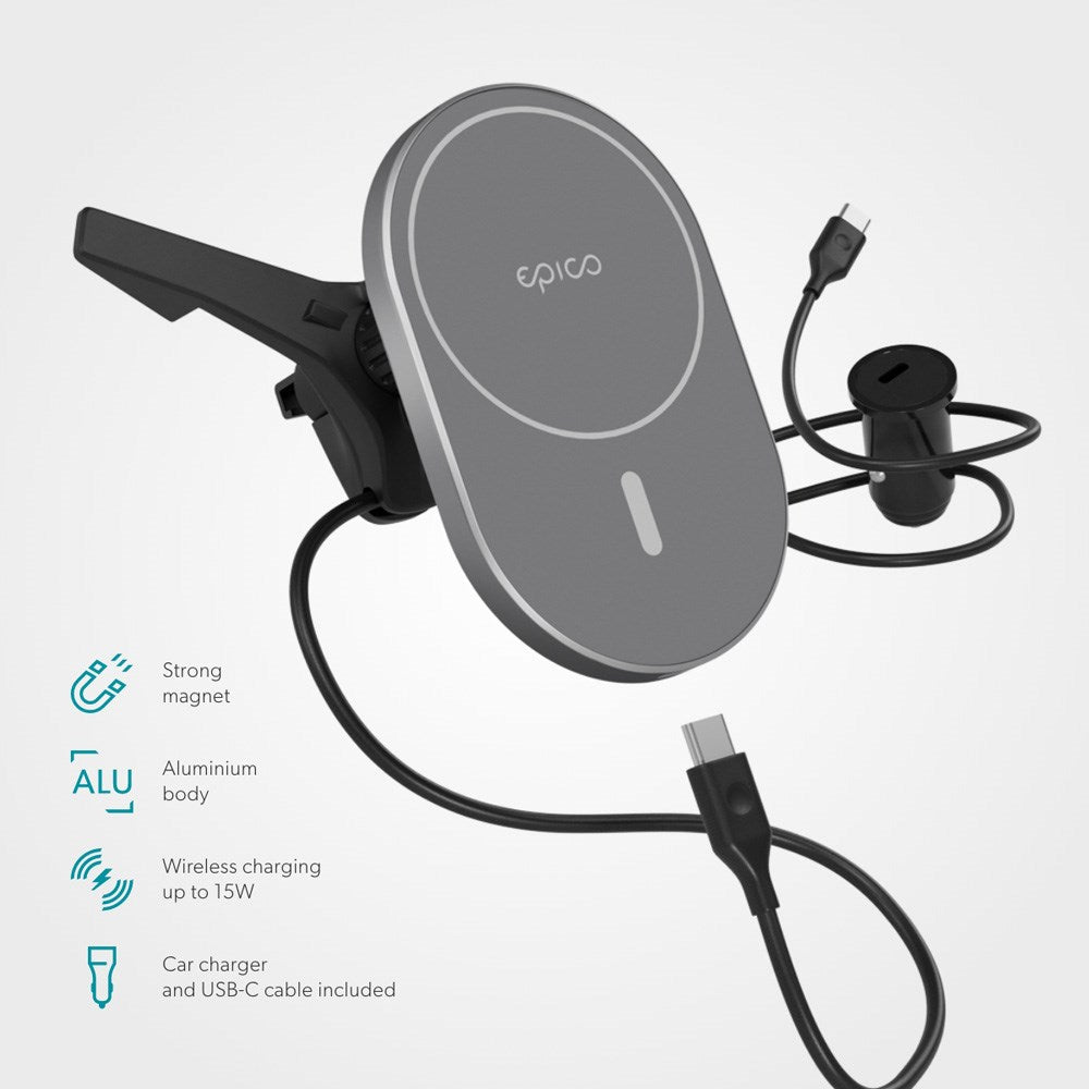 Epico Magnetisk Mobilholder til Bil m. 15W Trådløs Opladning & 18W Biloplader - MagSafe Kompatibel - Space Grey