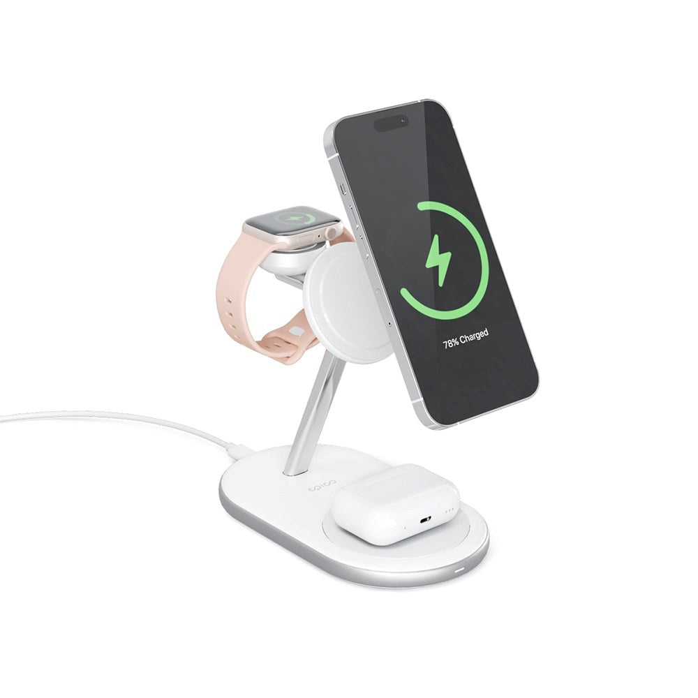 Epico Charging Stand - 3-in-1 15W Trådløs Oplader - MagSafe Kompatibel - Hvid - (DEMO)