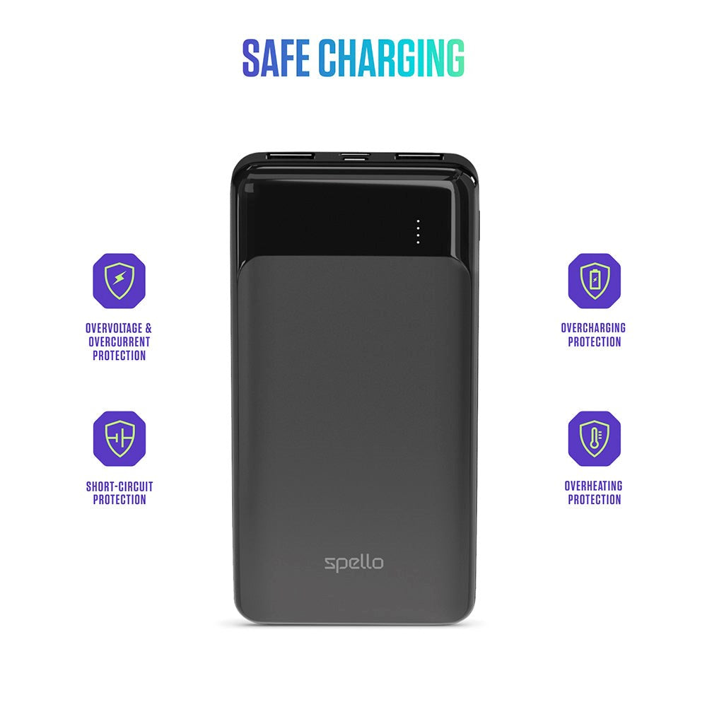 Spello Thin 10W Powerbank m. 2 x USB-A & 1 x USB-C - 10.000 mAh - Sort