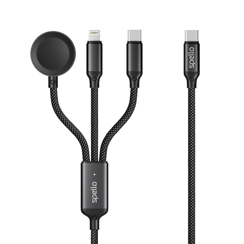 Spello 3-i-1 Multi-USB-C Kabel m. USB-C & Lightning & Apple Watch Oplader - Sort