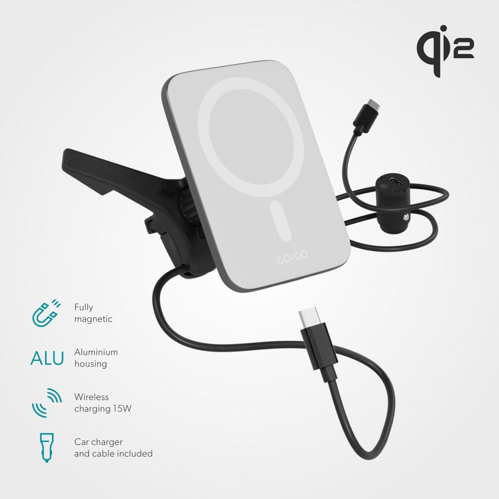 Epico Qi2 Mag+ Mobiloplader til Bil - 15W Trådløs Opladning - MagSafe Kompatibel - Hvid