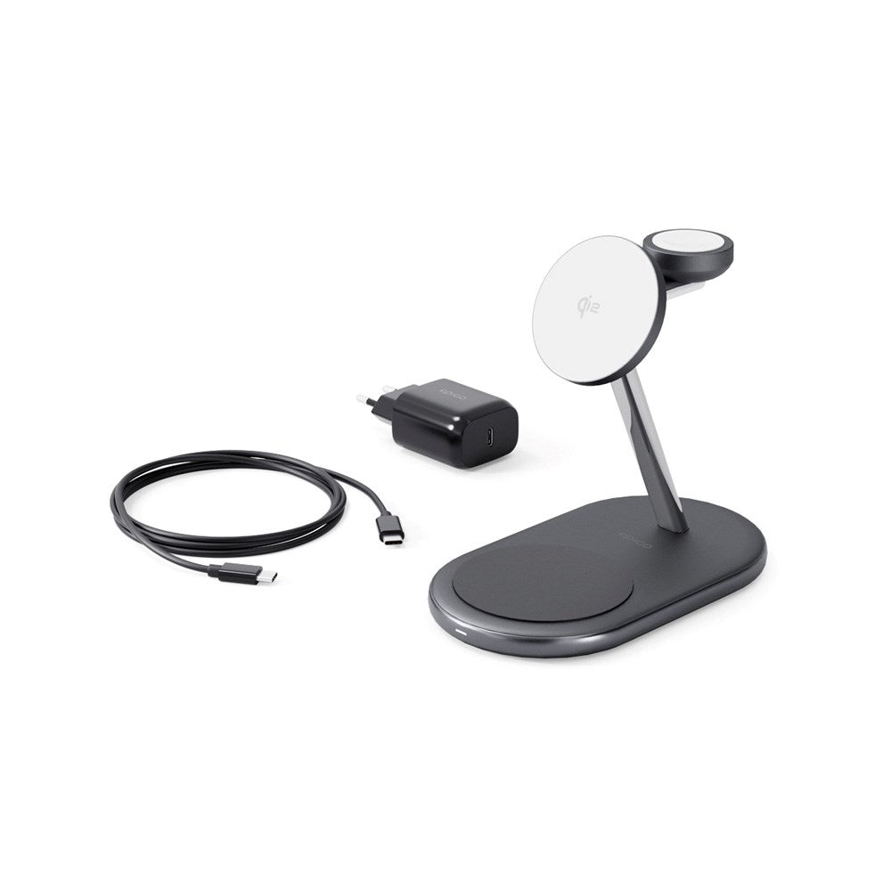 Epico 3-in-1 Trådløs Oplader 15W m. USB-C til USB-C Kabel og PD Vægoplader - MagSafe Kompatibel - Sort