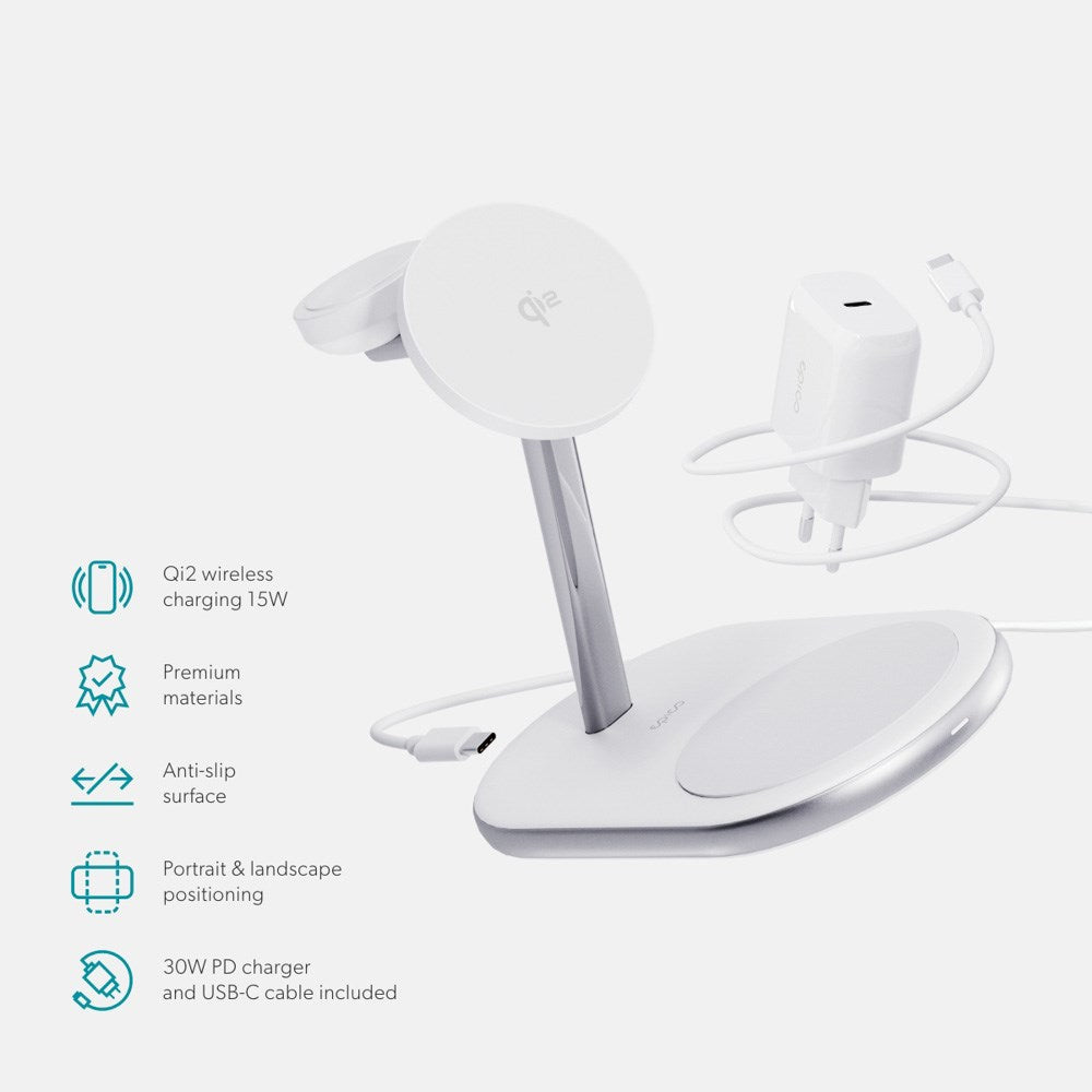 3-i-1 Mag+ Trådløs Oplader - Epico UltraBase EX60 Qi2 - MagSafe Kompatibel - Hvid
