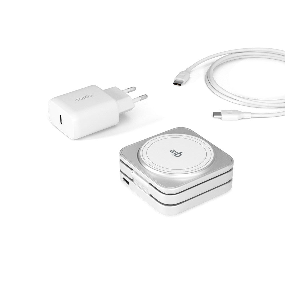 3-i-1 Trådløs Oplader - Epico UltraBase Qi2 Fold Alu Mag+ - MagSafe Kompatibel - Hvid