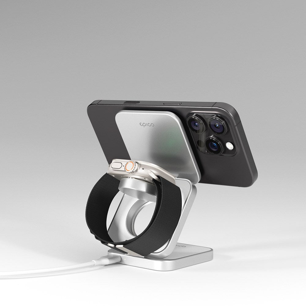 3-i-1 Trådløs Oplader - Epico UltraBase Qi2 Fold Alu Mag+ - MagSafe Kompatibel - Hvid