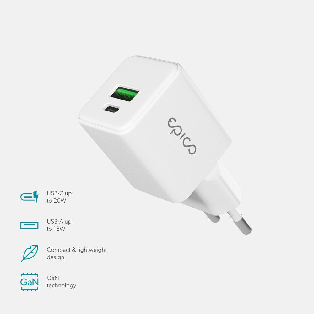 Epico UltraBoost GaN 20W Vægoplader m. 1x USB-C / 1x USB-A - Hvid