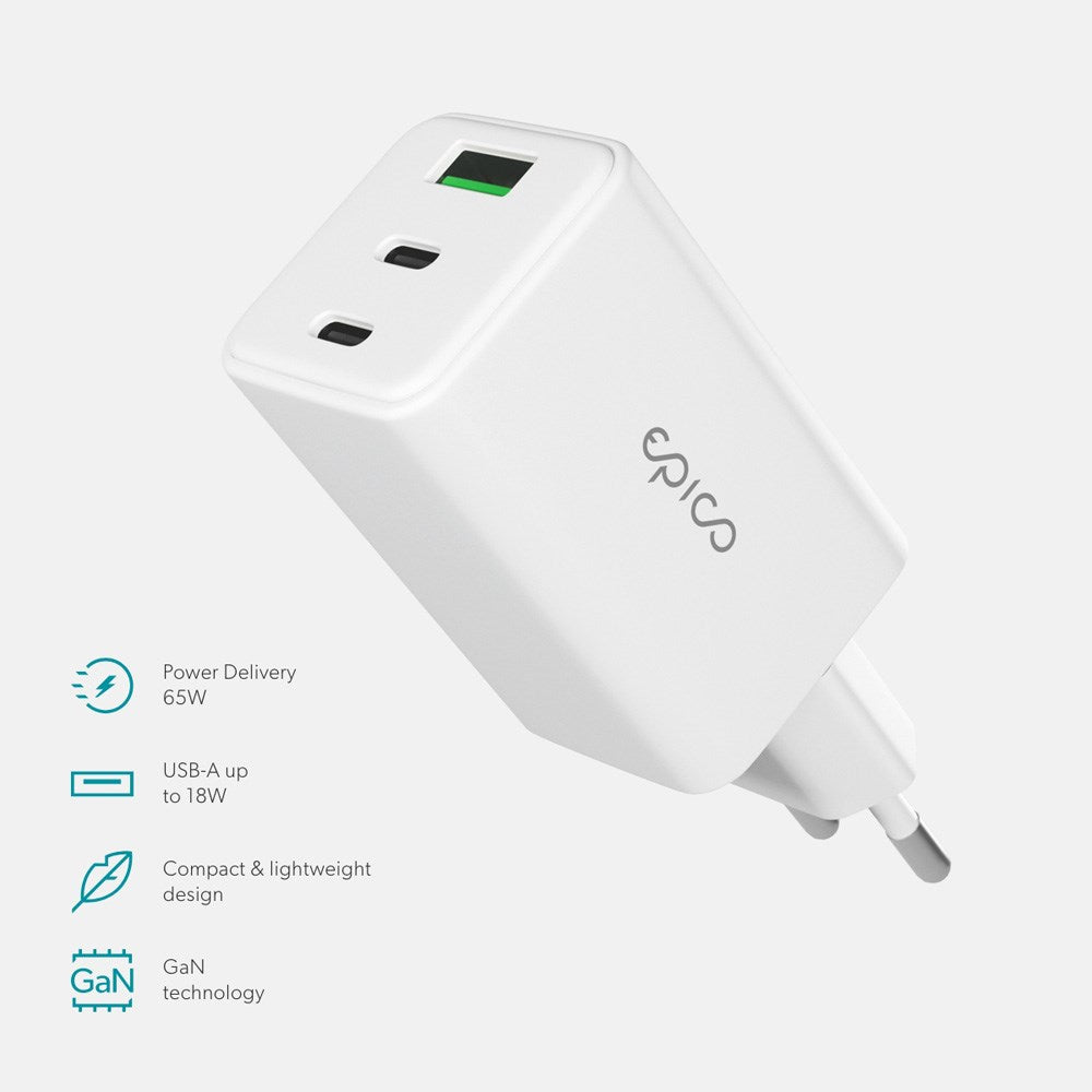 Epico UltraBoost GaN 65W Vægoplader m. 2x USB-C / 1x USB-A - Hvid