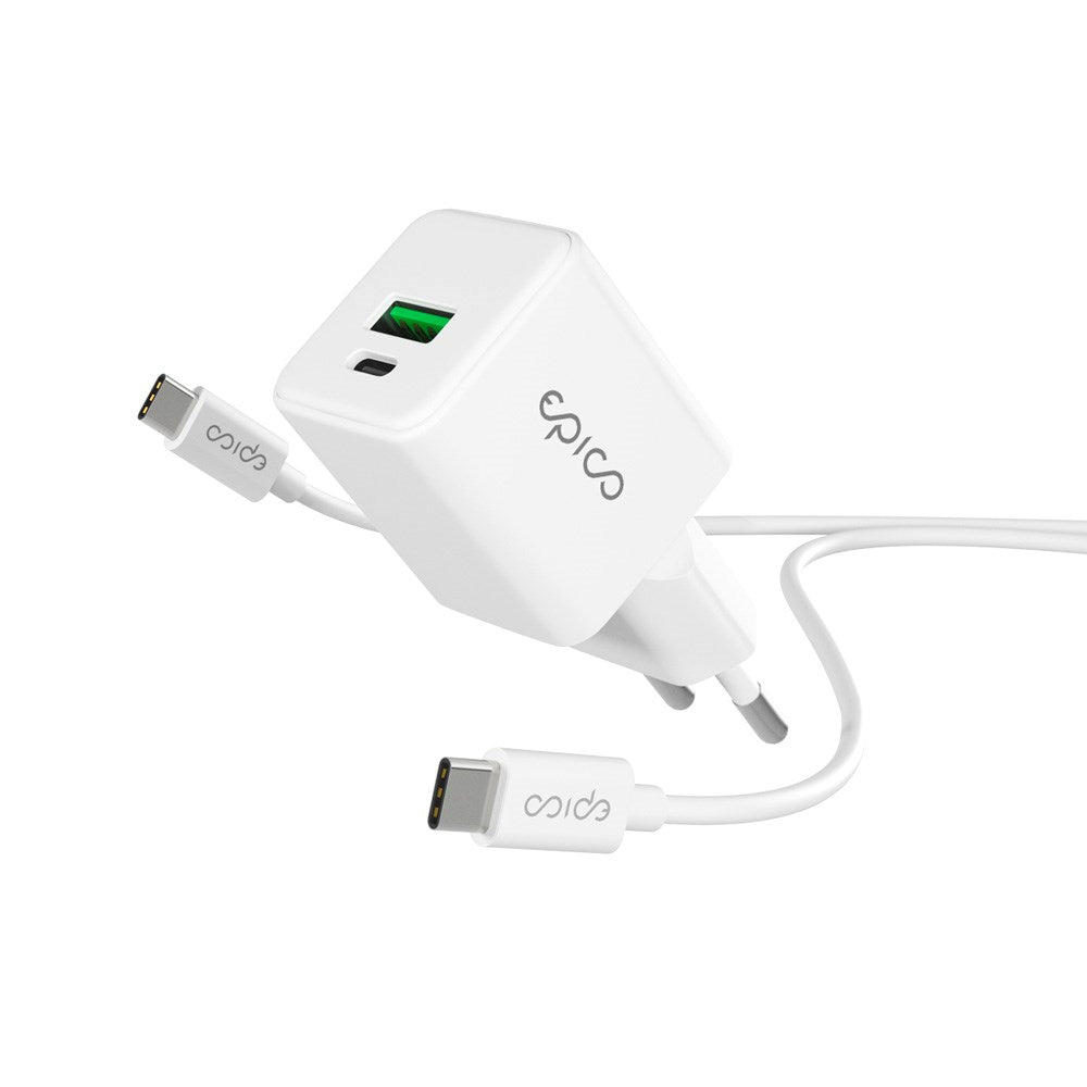 Epico UltraBoost GaN 20W Vægoplader - 1.2m USB-C til USB-C Kabel - 1x USB-C / 1x USB-A - Hvid