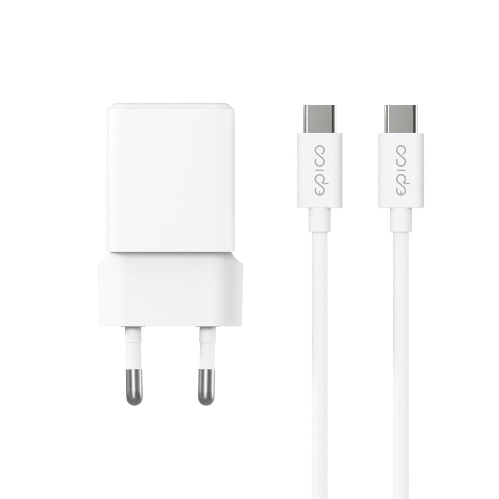 Epico UltraBoost GaN 20W Vægoplader - 1.2m USB-C til USB-C Kabel - 1x USB-C / 1x USB-A - Hvid