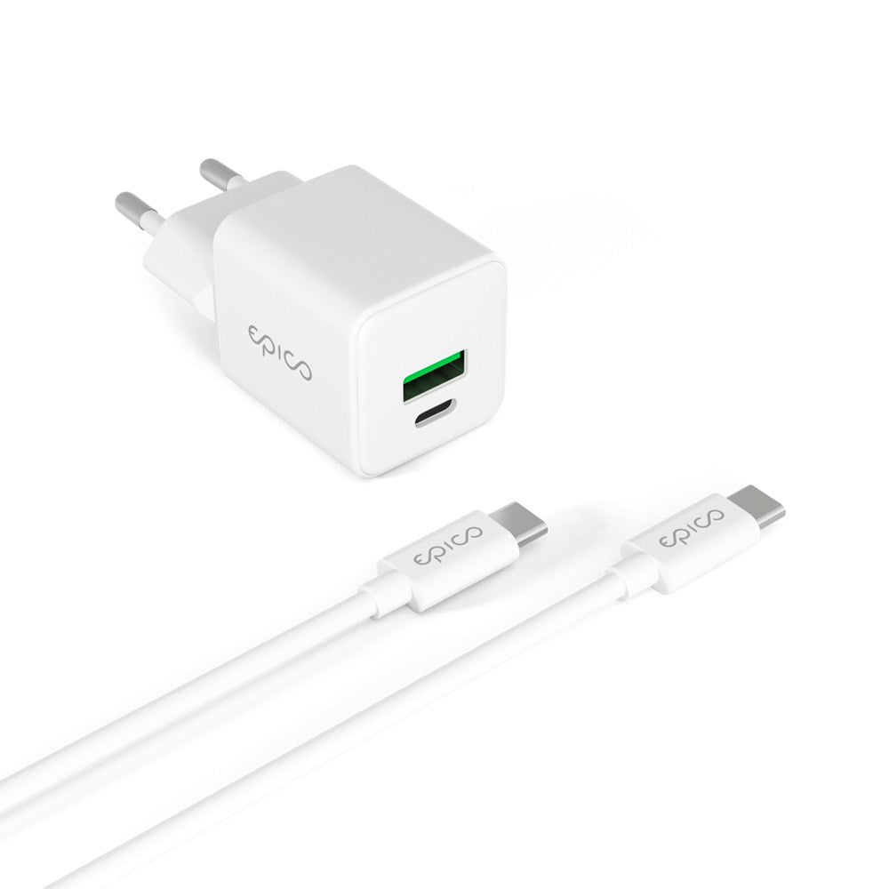 Epico UltraBoost GaN 20W Vægoplader - 1.2m USB-C til USB-C Kabel - 1x USB-C / 1x USB-A - Hvid
