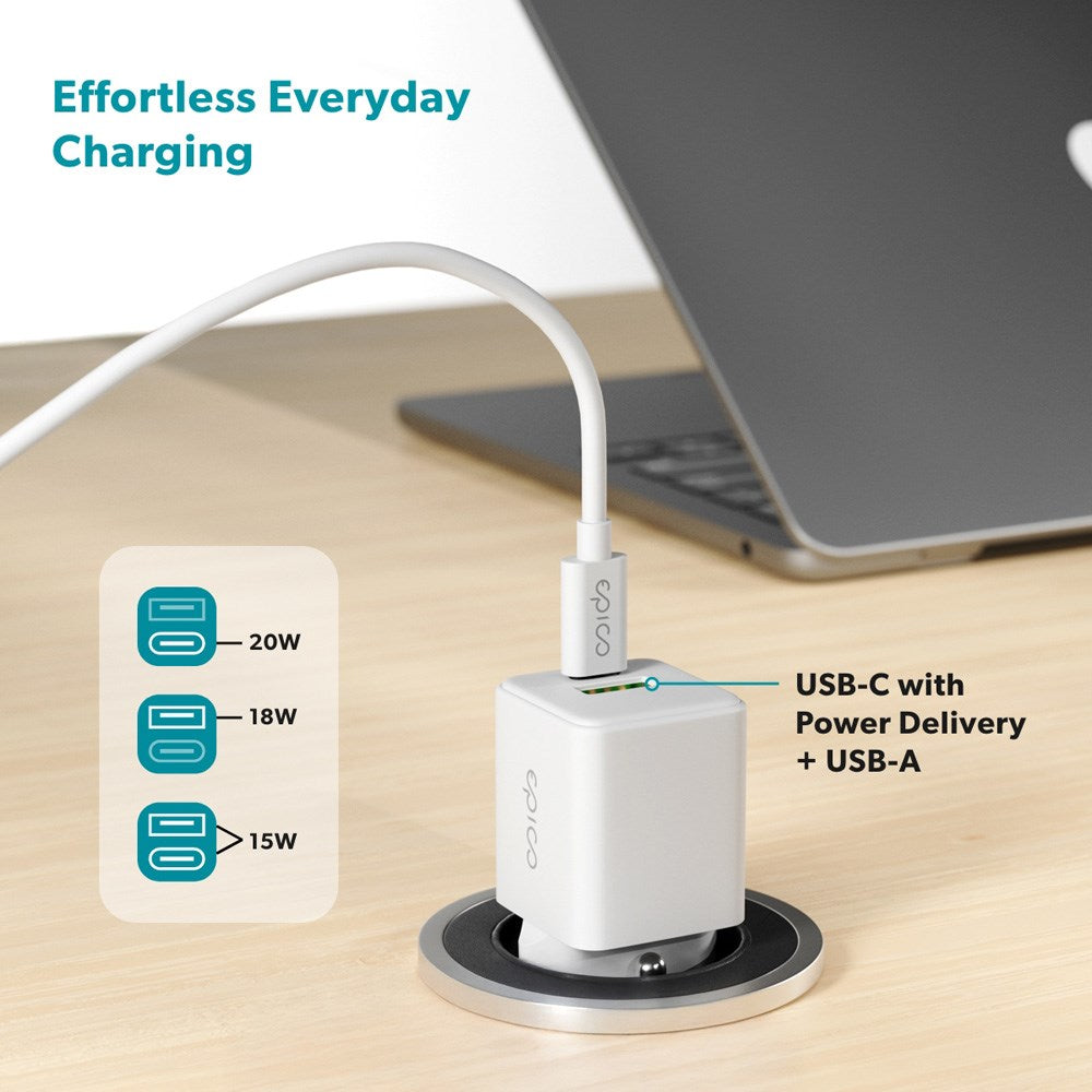 Epico UltraBoost GaN 20W Vægoplader - 1.2m USB-C til USB-C Kabel - 1x USB-C / 1x USB-A - Hvid