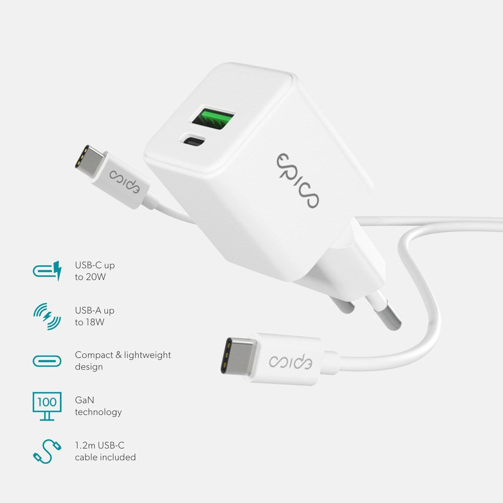 Epico UltraBoost GaN 20W Vægoplader - 1.2m USB-C til USB-C Kabel - 1x USB-C / 1x USB-A - Hvid