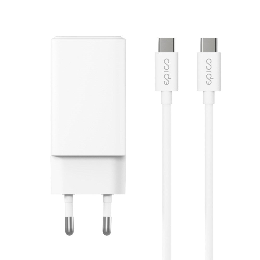 Epico UltraBoost GaN 65W Vægoplader - 1.2m USB-C til USB-C Kabel - 2x USB-C / 1x USB-A - Hvid
