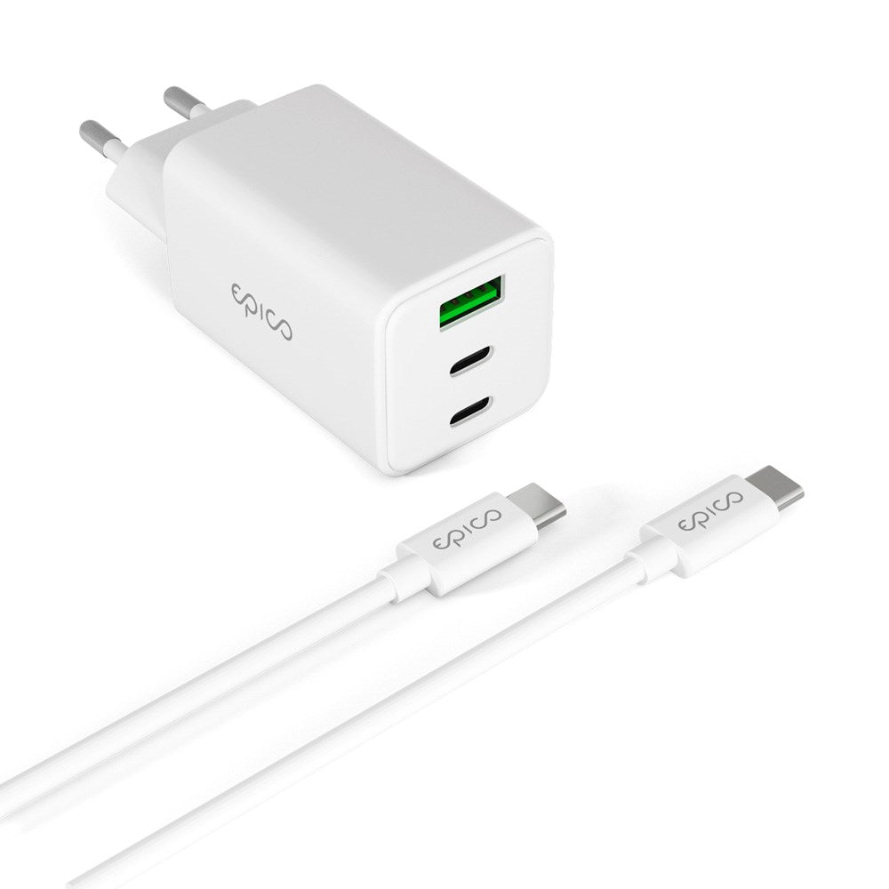 Epico UltraBoost GaN 65W Vægoplader - 1.2m USB-C til USB-C Kabel - 2x USB-C / 1x USB-A - Hvid