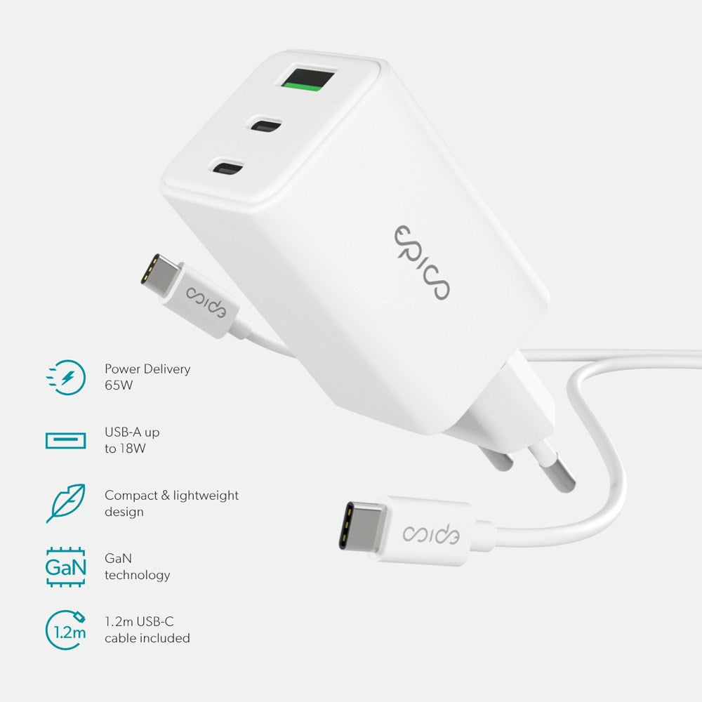 Epico UltraBoost GaN 65W Vægoplader - 1.2m USB-C til USB-C Kabel - 2x USB-C / 1x USB-A - Hvid