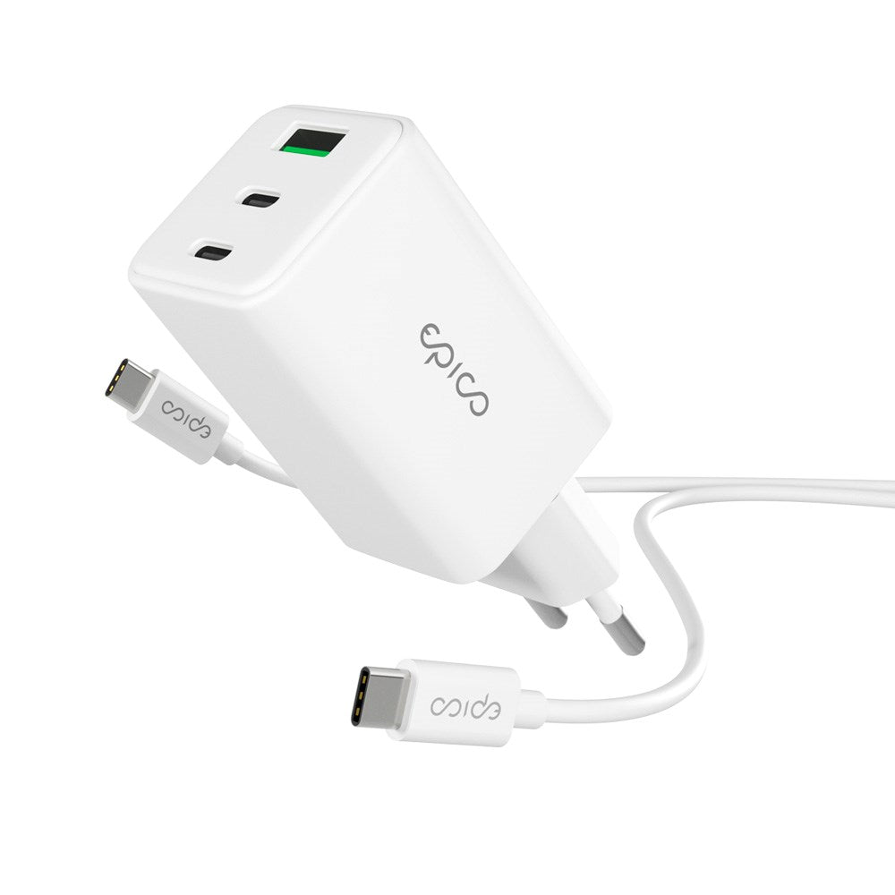 Epico UltraBoost GaN 65W Vægoplader - 1.2m USB-C til USB-C Kabel - 2x USB-C / 1x USB-A - Hvid