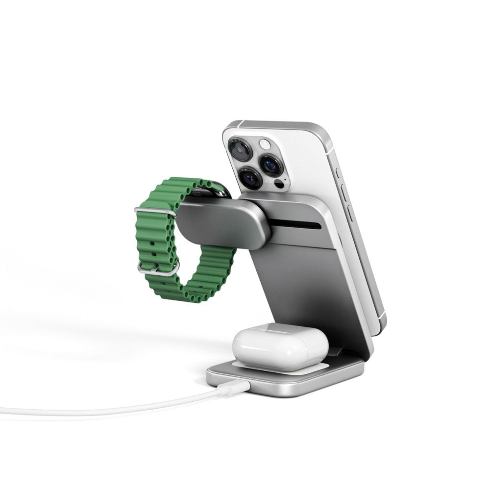 Spello ForceBase 3-i-1 Qi2 Trådløs Oplader 15W - Foldbar - MagSafe Kompatibel - Sølv