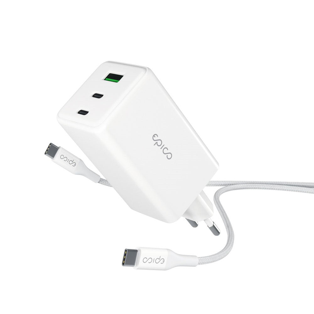 Epico UltraBoost GaN 100W Vægoplader - 1.2m USB-C til USB-C Kabel - 2x USB-C / 1x USB-A - Hvid