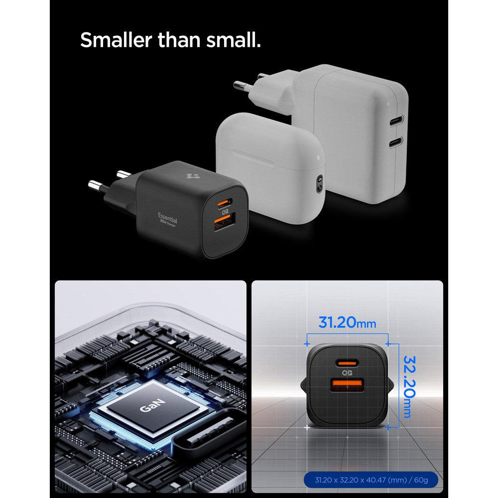 Spigen 35W Vægoplader - 1 x USB-C & 1 x USB-A - Sort
