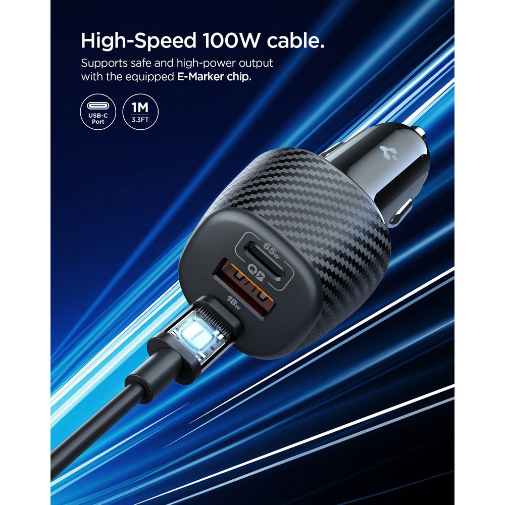 Spigen 113W Biloplader - 2 x USB-C & 1 x USB-A - Sort