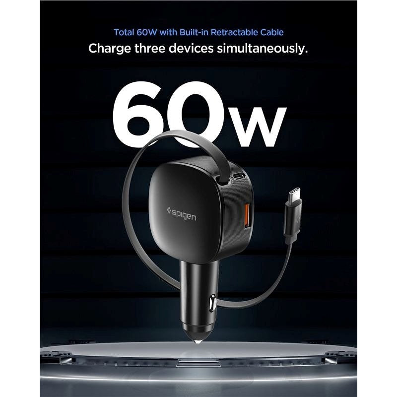 Spigen Essential 60W Biloplader - USB-C Kabel - 1 x USB-C - 1 x USB-A - Sort