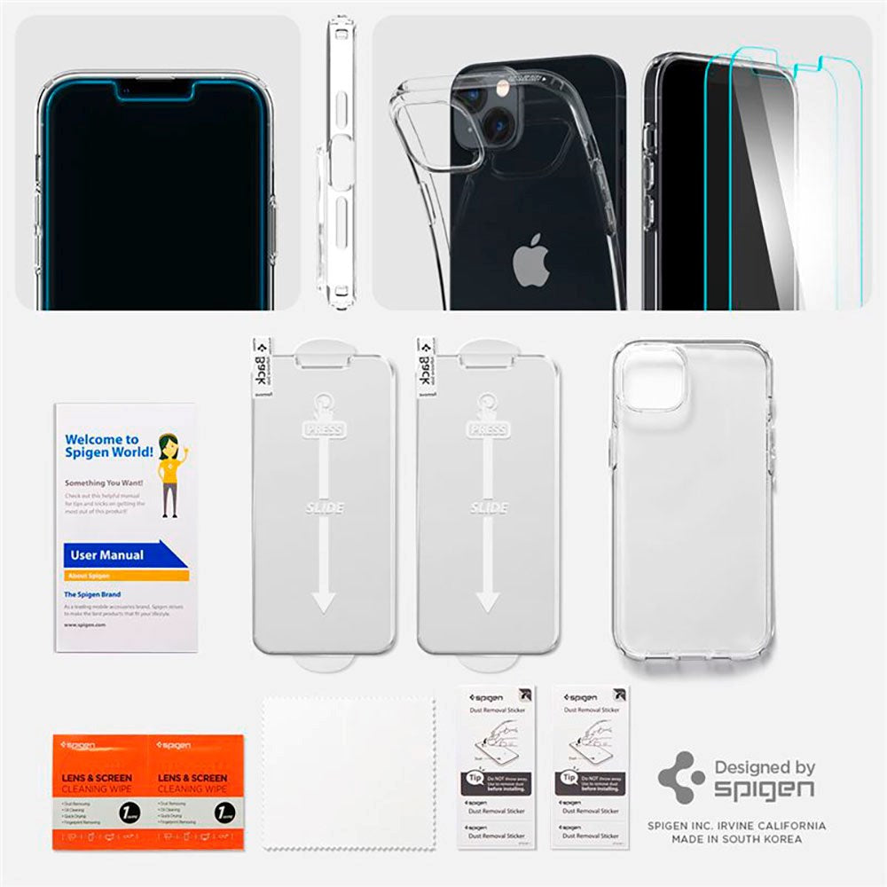 iPhone 14 Plus Spigen Crystal Pack Set m. Cover og 2 stk. Beskyttelsesglas - Gennemsigtig