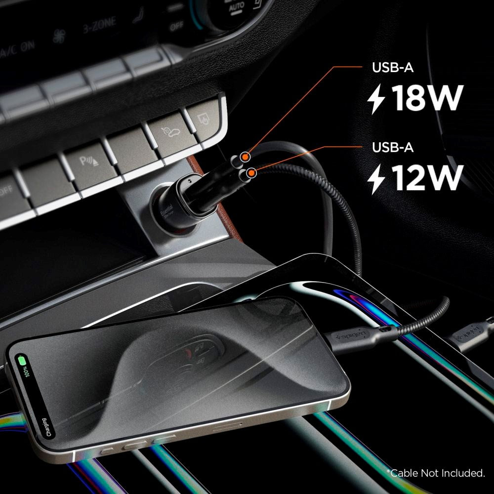 Spigen - 30W Biloplader - 2x USB-A - Sort